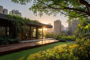 Rooftop terrace, modern home, sunrise view