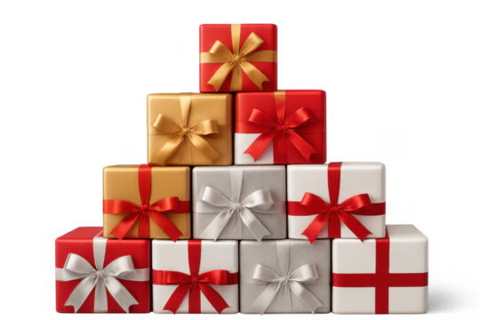 Stack of colorful gift boxes with ribbons forming a pyramid on transparent background