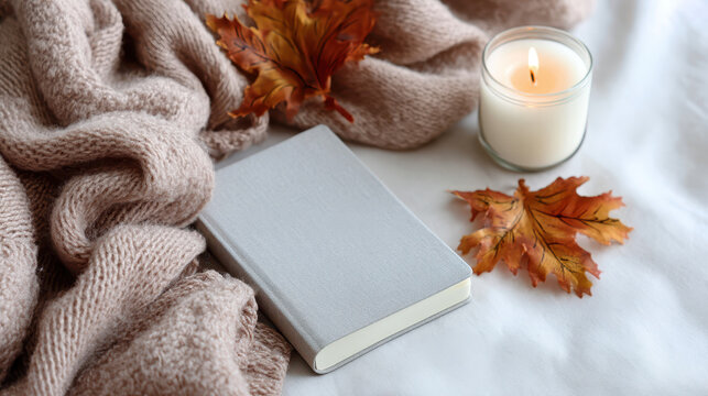 Cozy autumn setting featuring a soft blanket, a gray mockup notebook, dried leaves, and a lit candle on a white background - Powered by Adobe