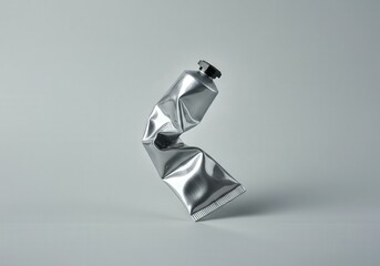 Crumpled metallic tube on grey background