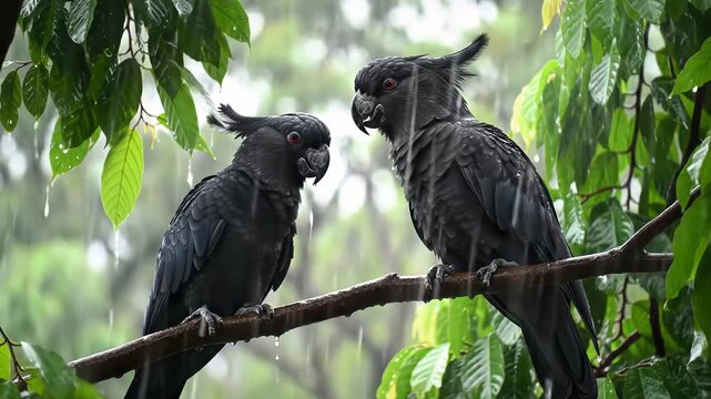 Two majestic black palm cockatoos perched on a branch during a rain shower. These exotic birds showcase their plumage and adapt to the wet environment.