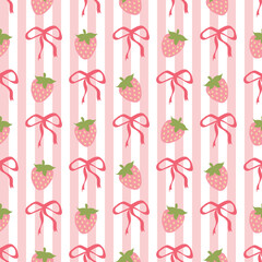 Pink Coquette Bow and Strawberries Seamless Pattern. Striped background. Perfect for Prints, Wrapping Paper, Wallpaper, Textiles, Stationery, and Fabric.