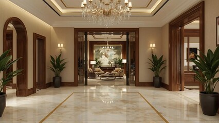 Fototapeta premium Luxury Hotel Lobby with Marble Floor, Crystal Chandeliers, and Elegant Modern Classic Interior Design