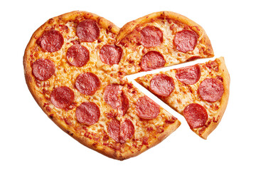 Heart-shaped pepperoni pizza with a slice isolated on white transparent background.