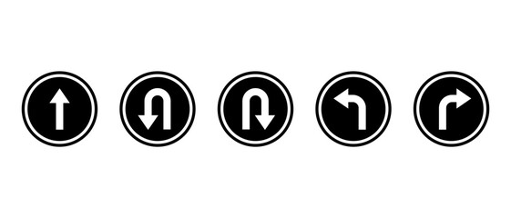 Go straight, this way, one way only, U turn, left and right arrows symbol. Directional arrow icon set in black circular road sign style