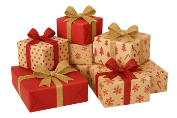 Christmas gift boxes with red and gold ribbons forming a pile on transparent background
