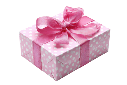 Pink gift box with polka dots and a pink ribbon