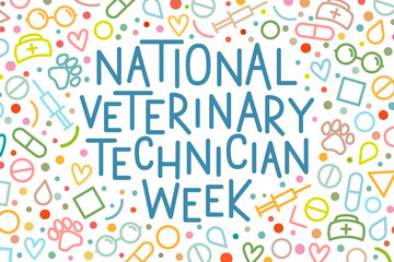 Vet Tech Appreciation Week concept. National Veterinary Technician Week. Multicolored text in line art style on a white background.