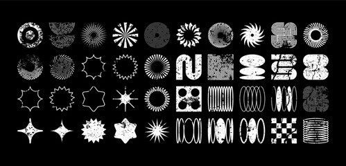 Brutalist geometric shapes, modern grunge symbols. Simple primitive elements and forms, distressed details. Retro design, aged, vintage, trendy contemporary minimalist style, y2k. Vector illustration