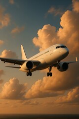 Obraz premium Commercial airplane flying through sunset sky with dramatic clouds