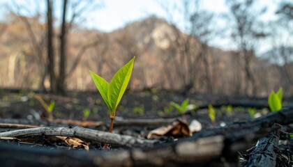 Green Sprout from Burnt Ground, Nature Resilience Recovery Concept