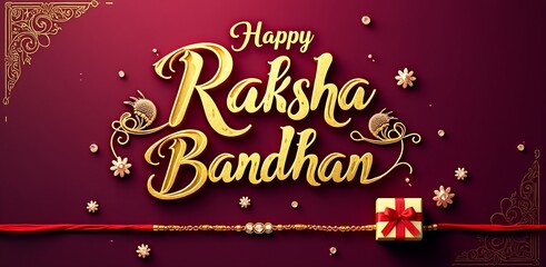Golden Raksha Bandhan text with ornate details and gift box Happy