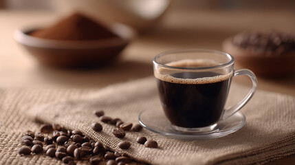 Clear glass cup of black coffee with coffee beans and ground coffee on a rustic fabric background.