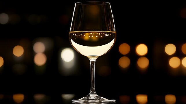 White wine in glass with golden city lights in background. Warm and cozy evening mood. Celebratory drink and relaxation. National Drink Wine Day - Powered by Adobe