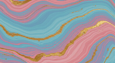 ブルーとピンクとゴールドが織りなす流れるマーブルアート背景