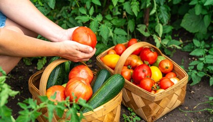 Hands Harvesting Fresh Tomatoes, Organic Home Garden Produce
