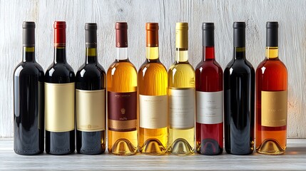 Assorted bottles of red, white and rosé wine lined up on rustic wood background. Variety of flavors and labels. Wine appreciation. National Drink Wine Day