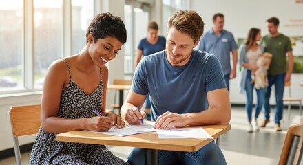 Two students sitting at a table in a classroom, working on a project together.