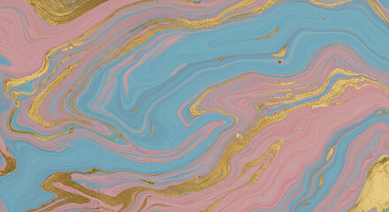 ブルーとピンクとゴールドが織りなす流れるマーブルアート背景