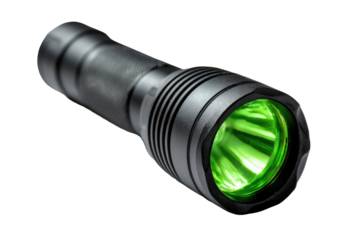 Dark gray tactical flashlight with bright green beam