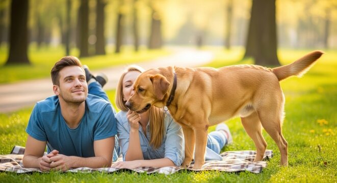 A couple lying on a blanket in a park with a dog. - Powered by Adobe