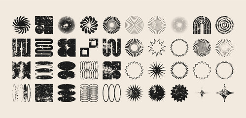 Brutalist geometric shapes, modern grunge symbols. Simple primitive elements and forms, distressed details. Retro design, aged, vintage, trendy contemporary minimalist style, y2k. Vector illustration