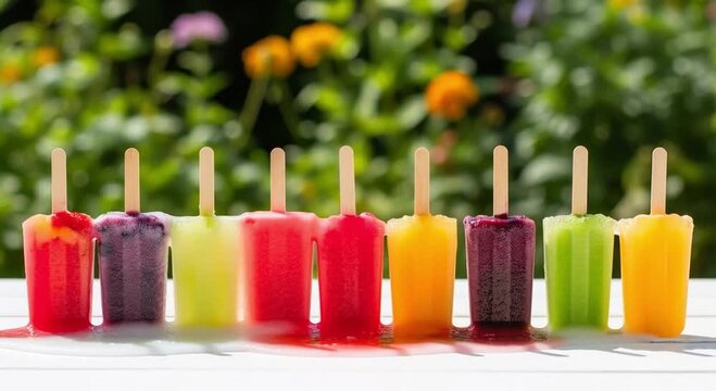 A row of colorful homemade fruit popsicles melting on a white surface with a blurred green background