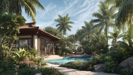 Fototapeta premium A luxury villa with a tropical landscape and a swimming pool