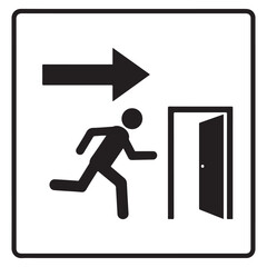 Black and white emergency exit sign vector icon with running person and right arrow pointing to an open door.