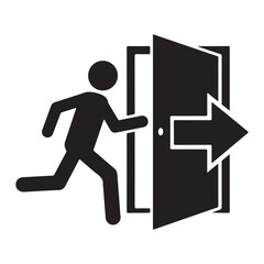 Vector illustration of a black silhouette person running towards an open door with an arrow, symbolizing an exit or emergency escape route.