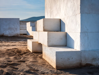 Abstract of white concrete blocks on a sandy surface with mountain backdrop