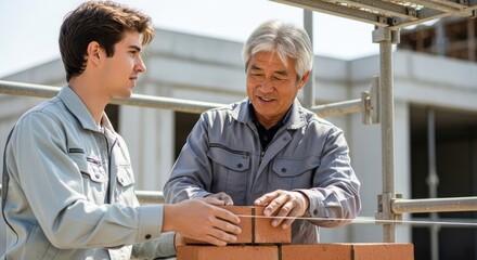 Obraz premium Two men building a brick wall on a construction site. The construction concept of building and craftsmanship.