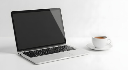 Modern laptop computer with a blank screen for mockup purposes, alongside a cup of hot tea on a clean white desk. Represents a minimalist workspace.
