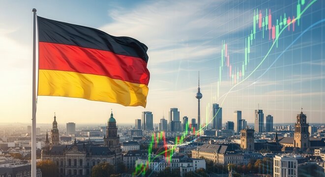 German flag with city skyline and stock market graph for economic analysis design