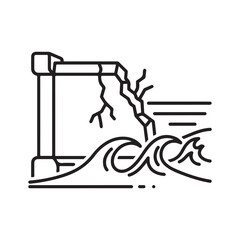 Black and white line art vector illustration of a broken pipe discharging into polluted water with waves, symbolizing environmental damage and crisis.