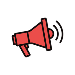 Red megaphone with sound waves, vector illustration on white background, communication icon.