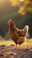 Fototapeta premium Close-up of farm chicken in natural environment at sunset