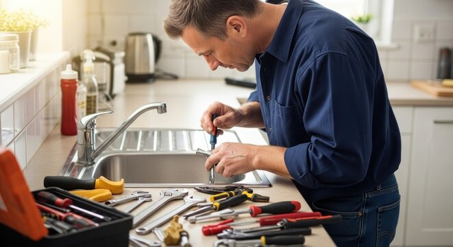 A man in a blue shirt fixing a kitchen sink with various tools and a wrench.