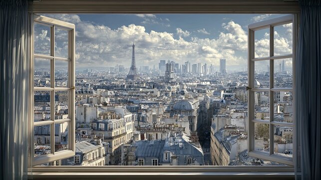 Cityscape view through open window