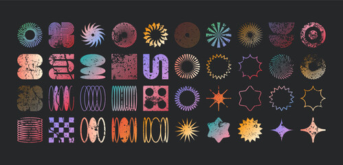 Brutalist geometric shapes, modern grunge symbols. Simple primitive elements and forms, distressed details. Retro design, aged, vintage, trendy contemporary minimalist style, y2k. Vector illustration