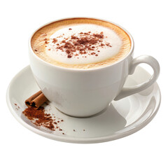 Fototapeta premium A delicious cappuccino with frothy milk and cinnamon powder on a white cup and saucer