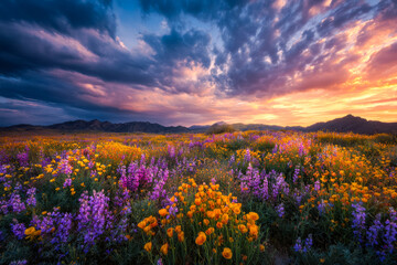 Vibrant wildflower meadow under a colorful sunset sky