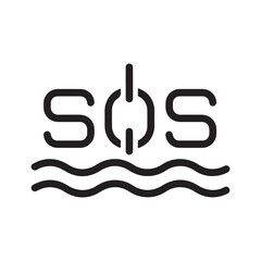 SOS symbol with waves beneath, representing a distress signal or maritime emergency, a clean black and white vector illustration graphic.