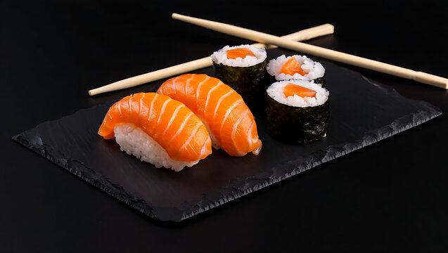 Delicious salmon nigiri and maki sushi with chopsticks