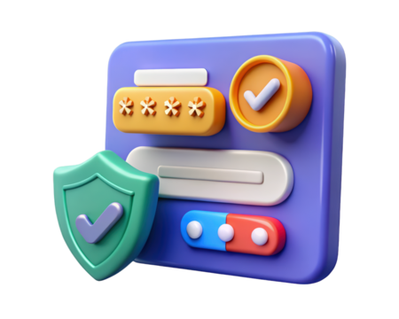 Three dimensional login interface with password security shield and buttons for account authentication process