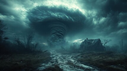Tornado in a dark forest. Dramatic sky. 3d rendering.