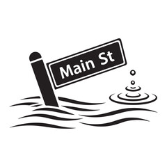 Black and white vector illustration of a 'Main St' street sign partially submerged in water, with water drops and ripples, symbolizing flooding or climate change.