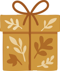 This is a stylized illustration of a gift box decorated with autumn leaves and tied with a simple ribbon, in warm earthy tones.