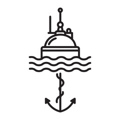 Nautical black and white vector illustration of an anchored buoy floating on water with an anchor below, representing stability or a fixed position.