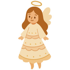 This is a cute flat-style illustration of a smiling angel with long brown hair, a cream-colored dress, wings, and a halo.